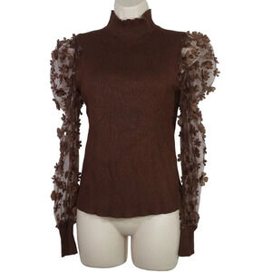 Almost Famous Brown Ribbed Knit Top Mock Neck Sheer Floral Puff Sleeves Size L
